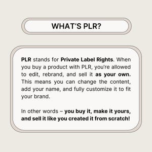 K&ouml;nnte beinhalten: Eine beige Grafik mit dem Text "WHAT'S PLR?" und einer Beschreibung der Private Label Rights. Der Text erkl&auml;rt, dass Sie mit PLR ein Produkt bearbeiten, umbenennen und als Ihr eigenes verkaufen und es an Ihre Marke anpassen k&ouml;nnen.
