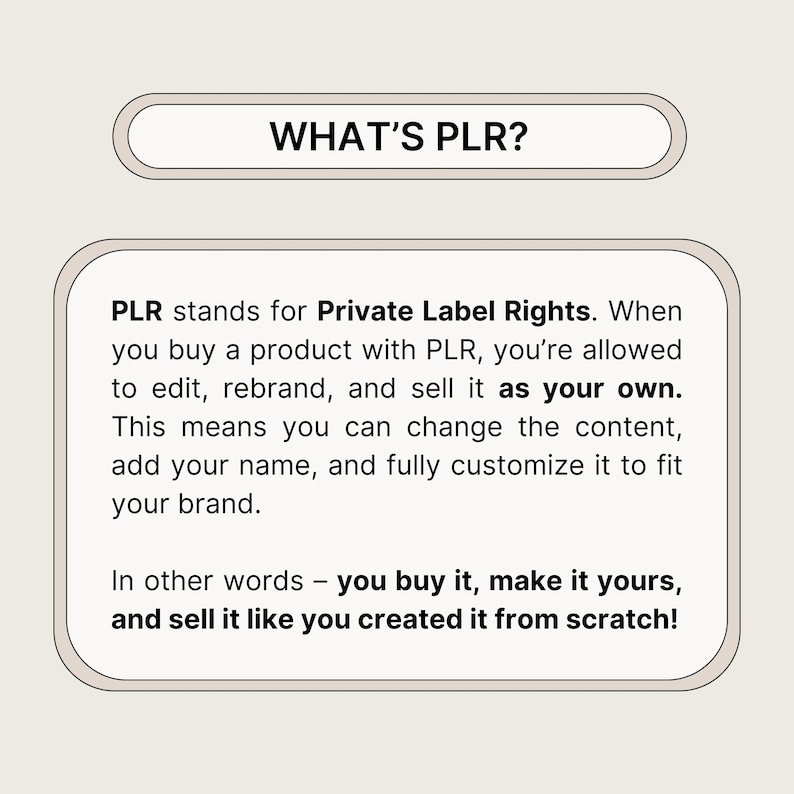 K&ouml;nnte beinhalten: Eine beige Grafik mit dem Text "WHAT'S PLR?" und einer Beschreibung der Private Label Rights. Der Text erkl&auml;rt, dass Sie mit PLR ein Produkt bearbeiten, umbenennen und als Ihr eigenes verkaufen und es an Ihre Marke anpassen k&ouml;nnen.