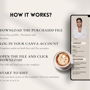 May include: A digital resume template displayed on a tablet, with a woman's photo and contact information. The image includes instructions: download the file, log into Canva, open and download, and start editing. A cup of coffee sits in the foreground.