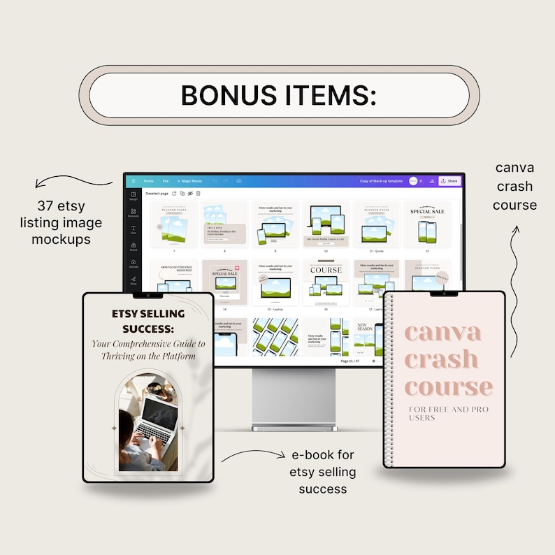 K&ouml;nnte beinhalten: Ein Bild mit digitalen Marketingressourcen. Es zeigt einen Computerbildschirm mit Mockups, ein Tablet mit einem E-Book mit dem Titel "ETSY SELLING SUCCESS" und ein Notizbuch mit der Aufschrift "canva crash course". Der Text "BONUS ITEMS" steht oben.