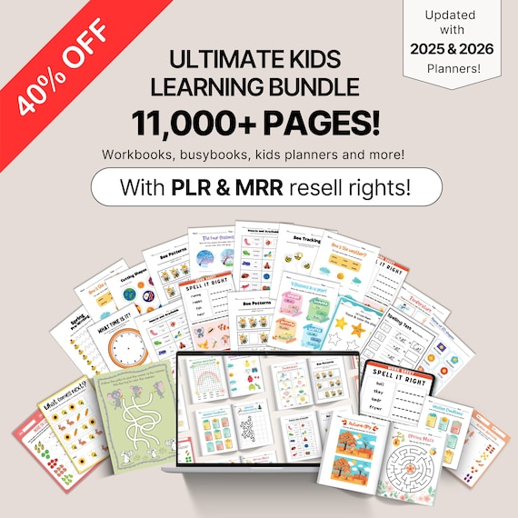 PLR MRR Kids Education Resources, Teachers Parents Worksheets For Kids Classroom Activities, Master Resell Rights, Digital Product Bundle