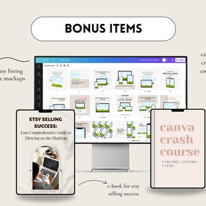 May include: A digital marketing resource bundle for Etsy sellers, featuring an e-book titled "Etsy Selling Success: Your Comprehensive Guide to Thriving on the Platform", 37 listing image mockups, and a Canva crash course for free and pro users.