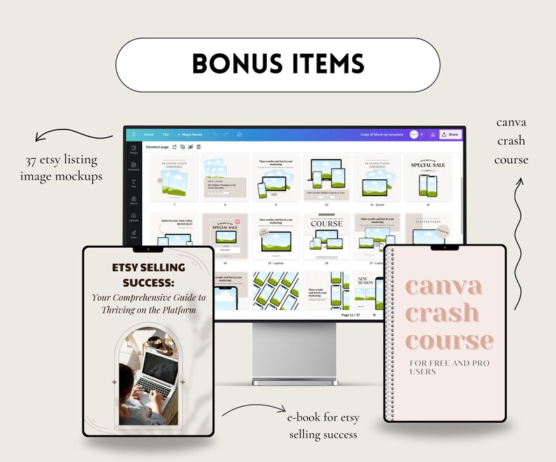 May include: A digital marketing resource bundle for Etsy sellers, featuring an e-book titled "Etsy Selling Success: Your Comprehensive Guide to Thriving on the Platform", 37 listing image mockups, and a Canva crash course for free and pro users.