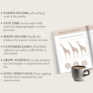 May include: A book with a brown cover and the title "How Many Can You Count?"  The book features a giraffe counting activity and a section with the text "How Many Can You Count?"  The book is open and a cup of coffee is sitting on top of it.