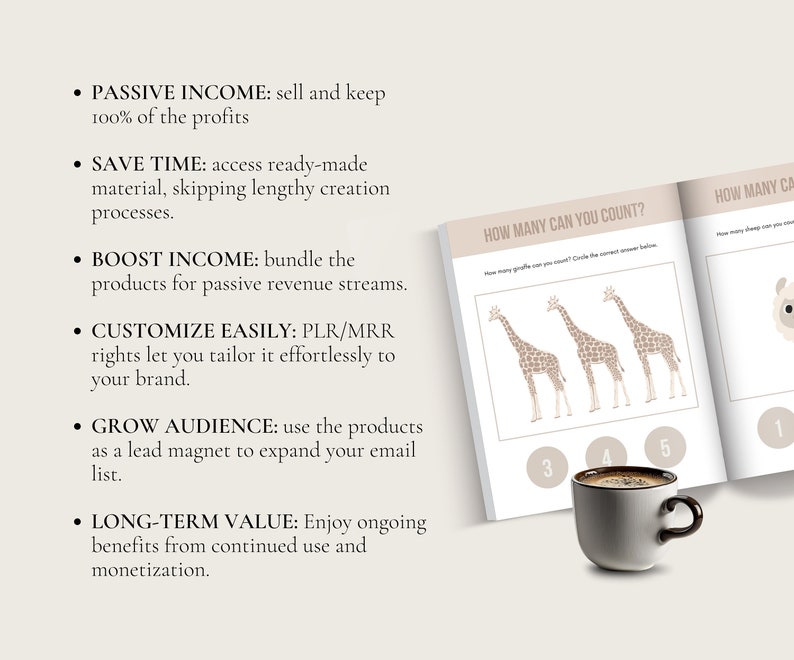 May include: A book with a brown cover and the title "How Many Can You Count?"  The book features a giraffe counting activity and a section with the text "How Many Can You Count?"  The book is open and a cup of coffee is sitting on top of it.