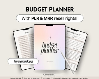 May include: A digital budget planner displayed on three tablets. The central tablet features the words "budget planner" in a stylish font. The other tablets show an index and a monthly budget layout. The image includes the text "With PLR & MRR resell rights!"