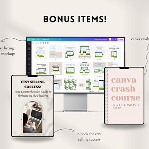 May include: An image showcasing digital marketing resources for Etsy sellers. It includes a computer screen displaying mockups, an e-book titled "Etsy Selling Success," and a "Canva Crash Course" guide. The image also highlights "37 etsy listing image mockups."