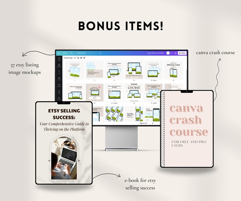 May include: An image showcasing digital marketing resources for Etsy sellers. It includes a computer screen displaying mockups, an e-book titled "Etsy Selling Success," and a "Canva Crash Course" guide. The image also highlights "37 etsy listing image mockups."