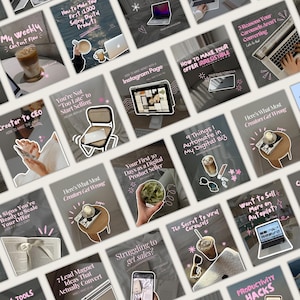 Puede incluir: Una colección de gráficos para redes sociales con superposiciones de texto, incluyendo títulos como "My Weekly Content Flow" y "How to Make Your Offer Irresistible". Las imágenes presentan portátiles, café y elementos de marketing digital.