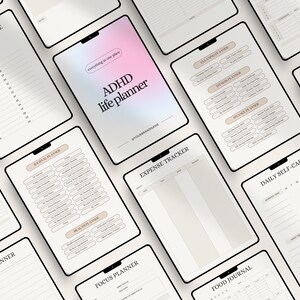 May include: A set of printable planner pages for people with ADHD. The pages include sections for daily planning, expense tracking, cleaning, fitness, finance, grocery shopping, journaling, self-care, and focus.