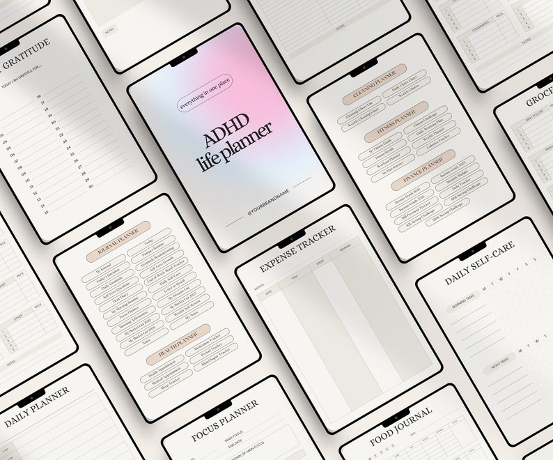 May include: A set of printable planner pages for people with ADHD. The pages include sections for daily planning, expense tracking, cleaning, fitness, finance, grocery shopping, journaling, self-care, and focus.