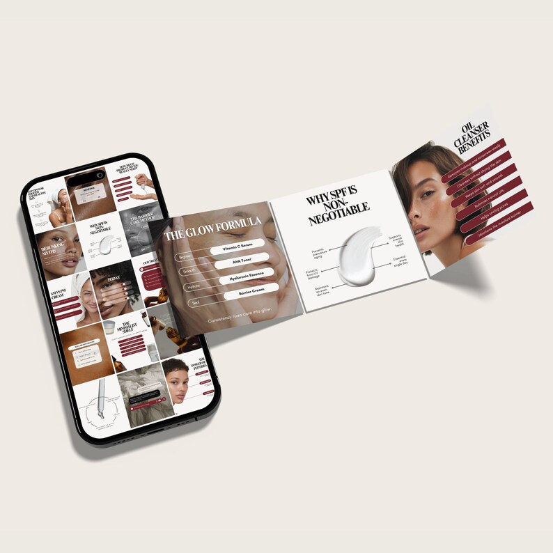 K&ouml;nnte beinhalten: Ein Smartphone, das Informationen zu Hautpflegeprodukten anzeigt, mit Fokus auf Inhaltsstoffe und Vorteile. Der Bildschirm zeigt verschiedene Bilder und Texte, darunter "The Glow Formula" und "Why SPF is Non-Negotiable". Zus&auml;tzliche Karten zeigen die Vorteile von &Ouml;lreinigern.