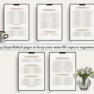 May include: A digital planner with 145 hyperlinked pages to help organise different aspects of life, including cleaning, fitness, finance, social media, and more. The planner is displayed on a tablet screen with a cup of coffee and a vase of white flowers in the background.