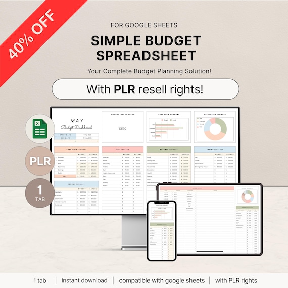 PLR Budget Spreadsheet, PLR Digital Products, PLR Templates, Google Sheets, Private Label Rights, Resell Rights, Excel Annual Budget Planner