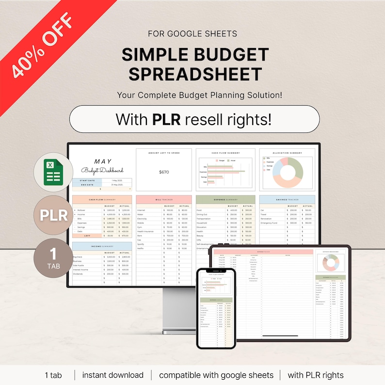 K&ouml;nnte beinhalten: Ein digitales Mockup einer einfachen Budget-Tabelle f&uuml;r Google Sheets, angezeigt auf einem Computermonitor, Tablet und Smartphone. Die Tabelle enth&auml;lt Diagramme und Tabellen. Der Text enth&auml;lt "40% OFF", "SIMPLE BUDGET SPREADSHEET" und "With PLR resell rights!"