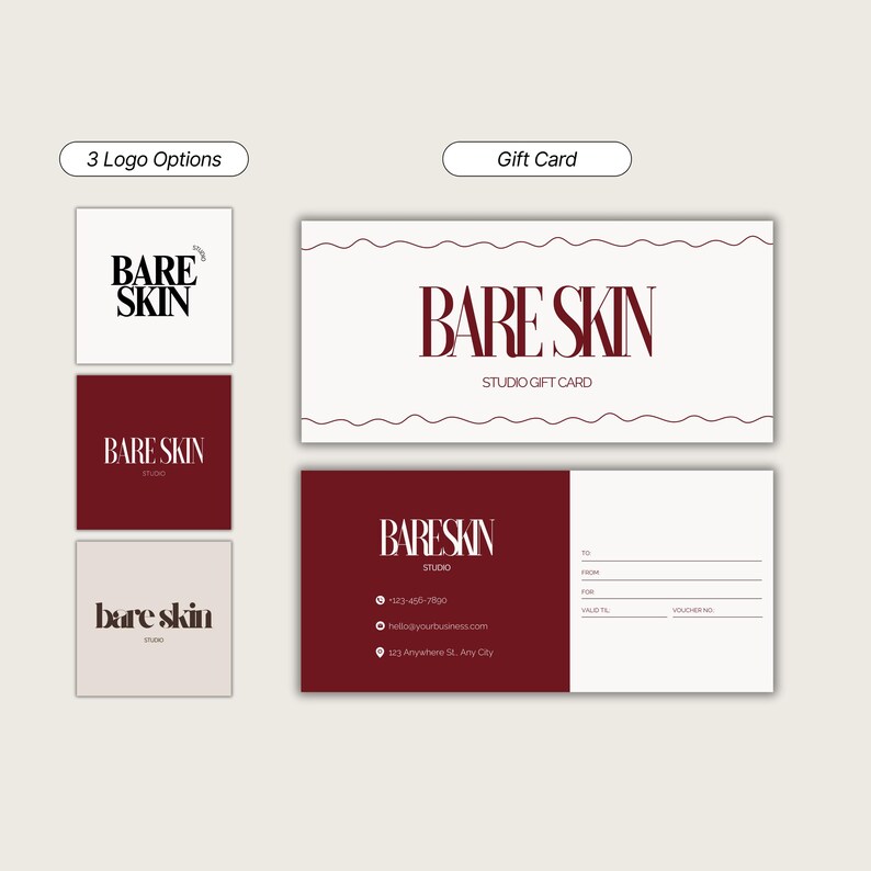 K&ouml;nnte beinhalten: Werbebild mit drei Logo-Optionen und zwei Gutscheindesigns f&uuml;r Bare Skin Studio. Die Logos sind in Schwarz, Burgunderrot und einem hellen Beige gehalten. Die Gutscheine tragen das Bare Skin Logo und Kontaktinformationen.
