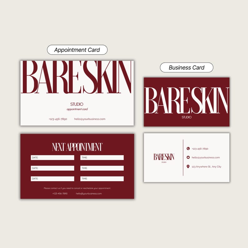 K&ouml;nnte beinhalten: Eine Sammlung von Visitenkarten und Terminkarten. Die Karten zeigen den Text "BARESKIN" in einer fetten Serifen-Schrift. Das Farbschema ist haupts&auml;chlich Burgunderrot und Wei&szlig;. Die Karten enthalten Kontaktinformationen und Termindetails.