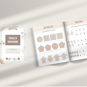 May include: A toddler workbook with a brown cover and the text "Toddler Workbook" in white. The cover also features a star, a shooting star, hearts, and a rainbow. The inside pages show activities for counting and odd one out.