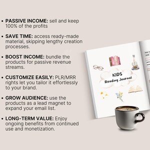 May include: A white journal titled "KIDS Reading Journal" is open to a blank page, with a coffee cup in the foreground. The journal has decorative elements like glasses, books, and flowers. Text on the left lists benefits like passive income and saving time.