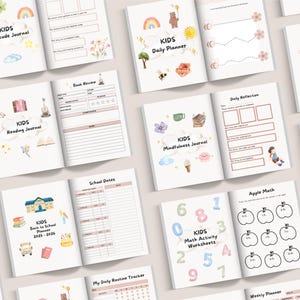 May include: A collection of open children's journals and planners with watercolor illustrations. Titles include "Gratitude Journal," "Daily Planner," "Reading Journal," "Mindfulness Journal," "Back to School Planner," and "Math Activity Worksheets."