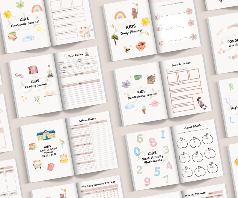 May include: A collection of open children's journals and planners with watercolor illustrations. Titles include "Gratitude Journal," "Daily Planner," "Reading Journal," "Mindfulness Journal," "Back to School Planner," and "Math Activity Worksheets."