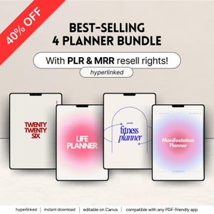 May include: A digital product bundle featuring four planners: "Twenty Twenty Six," "Life Planner," "Fitness Planner," and "Manifestation Planner." The image includes the text "40% OFF" and "BEST-SELLING 4 PLANNER BUNDLE."
