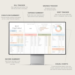 K&ouml;nnte beinhalten: Ein Computermonitor mit einem digitalen Budget-Dashboard f&uuml;r Mai. Der Bildschirm zeigt Abschnitte f&uuml;r Cashflow, Einnahmen, Ausgaben, Ersparnisse und Schuldenverfolgung mit Diagrammen und Zusammenfassungen. Text enth&auml;lt "Budget Dashboard", "Bill Tracker" und "Expense Summary".