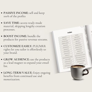May include: A white and black planner with a tabbed index and a section labeled "Lesson Overview". The planner is open to a page with a list of topics. A white coffee cup with a black handle sits on top of the planner.