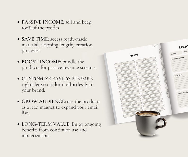 May include: A white and black planner with a tabbed index and a section labeled "Lesson Overview". The planner is open to a page with a list of topics. A white coffee cup with a black handle sits on top of the planner.