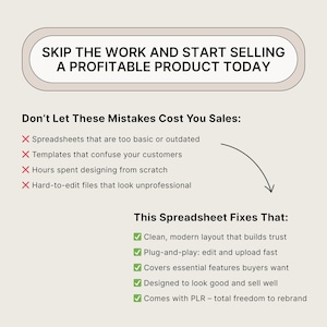 K&ouml;nnte beinhalten: Ein Bild mit Text: "SKIP THE WORK AND START SELLING A PROFITABLE PRODUCT TODAY." Es listet Fehler auf, die es zu vermeiden gilt, wie z. B. veraltete Tabellen, und wie eine Tabelle diese behebt.