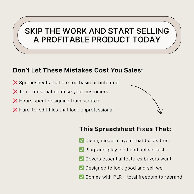K&ouml;nnte beinhalten: Ein Bild mit Text: "SKIP THE WORK AND START SELLING A PROFITABLE PRODUCT TODAY." Es listet Fehler auf, die es zu vermeiden gilt, wie z. B. veraltete Tabellen, und wie eine Tabelle diese behebt.
