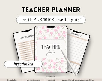 May include: A digital planner for teachers with a floral design. The planner includes a monthly calendar, class schedule, and notes pages. The text "TEACHER planner" is displayed on the cover.