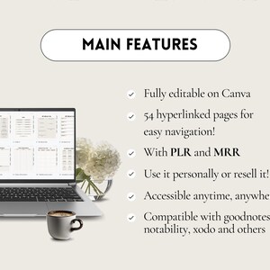 May include: A laptop computer displaying a digital planner with the text "Main Features" and a list of features including "Fully editable on Canva", "54 hyperlinked pages for easy navigation", "With PLR and MRR", "Use it personally or resell it", "Accessible anytime, anywhere", and "Compatible with goodnotes, notability, xodo and others".