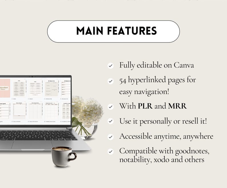 May include: A laptop computer displaying a digital planner with the text "Main Features" and a list of features including "Fully editable on Canva", "54 hyperlinked pages for easy navigation", "With PLR and MRR", "Use it personally or resell it", "Accessible anytime, anywhere", and "Compatible with goodnotes, notability, xodo and others".