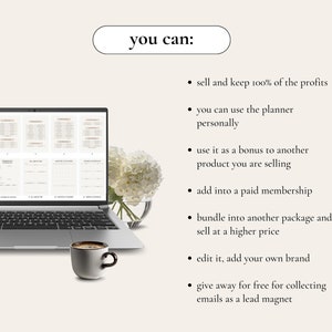 May include: A laptop screen displaying a digital planner with the text "ADD life planner" on the top left corner. The text "you can:" is displayed on a white background with a rounded rectangle border. Below the text are bullet points listing ways to use the planner, such as selling it, using it as a bonus, or giving it away for free.