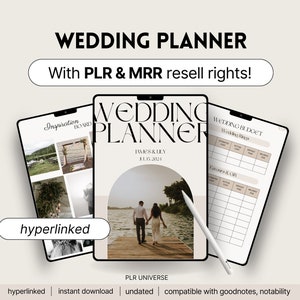 Könnte beinhalten: Ein digitaler Hochzeitsplaner auf einem Tablet-Bildschirm mit hellbraunem Hintergrund. Der Planer enthält Abschnitte für Inspiration, Budget und Geschenke. Der Text "WEDDING PLANNER" wird oben auf dem Bildschirm in fetter, schwarzer Schrift angezeigt. Der Text "JAMES & LILY" und "JUL 15, 2024" wird in kleinerer, schwarzer Schrift unter dem Titel angezeigt.