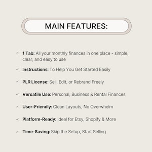 K&ouml;nnte beinhalten: Beige Grafik mit der &Uuml;berschrift "MAIN FEATURES:". Sie zeigt wichtige Merkmale: 1 Tab, Anweisungen, PLR-Lizenz, Vielseitige Verwendung, Benutzerfreundlich, Plattformbereit und Zeitsparend. Der Text ist klar und gut lesbar, auf beigem Hintergrund.