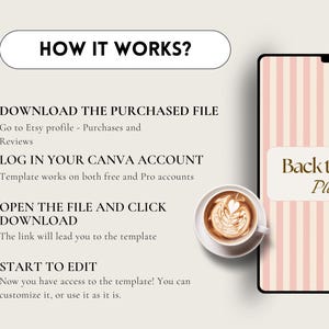 May include: A digital planner template with a pink and white striped background. The text "Back to school Planner" is displayed in a gold box. The image also includes a cup of coffee with latte art.