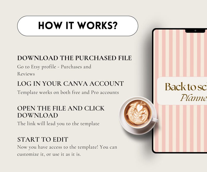 May include: A digital planner template with a pink and white striped background. The text "Back to school Planner" is displayed in a gold box. The image also includes a cup of coffee with latte art.