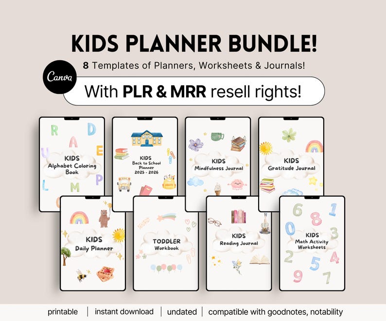 May include: A digital product bundle titled "KIDS PLANNER BUNDLE!" featuring eight templates of planners, worksheets, and journals. The bundle includes an alphabet coloring book, daily planner, and math worksheets. The product is available for instant download.