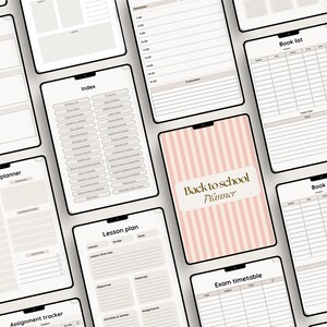 May include: A set of printable digital planner pages for students. The pages include a school project planner, index, school planner, assignment tracker, lesson plan, back to school planner, exam timetable, and book list.