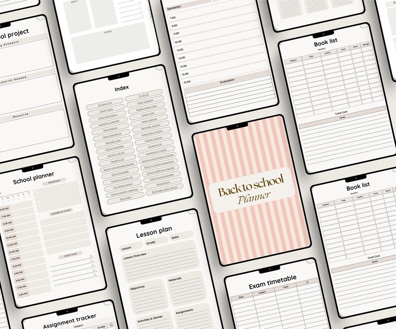 May include: A set of printable digital planner pages for students. The pages include a school project planner, index, school planner, assignment tracker, lesson plan, back to school planner, exam timetable, and book list.
