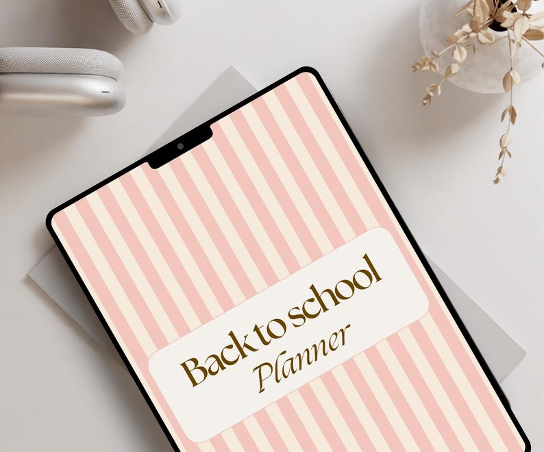 May include: A pink and white striped digital planner with the text "Back to school Planner" in gold lettering.