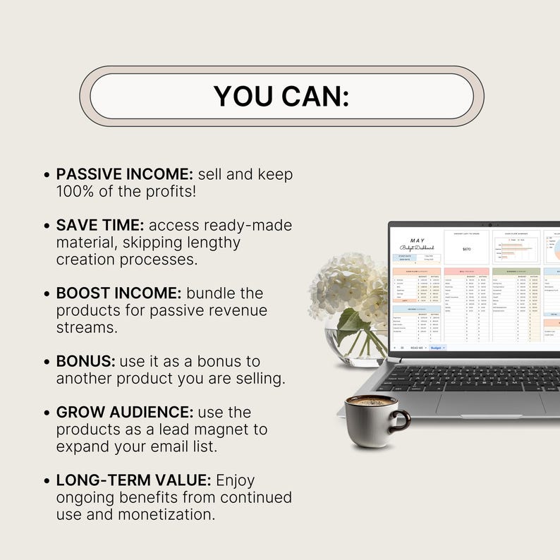K&ouml;nnte beinhalten: Bild mit dem Text "YOU CAN:" und Aufz&auml;hlungspunkten zu passivem Einkommen, Zeitersparnis, Einkommenssteigerung, Boni, Publikumswachstum und langfristigem Wert. Ein Laptop zeigt eine Tabelle, mit einer Tasse Kaffee und Blumen.