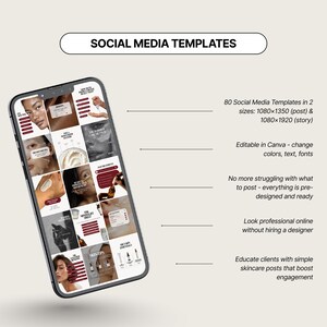K&ouml;nnte beinhalten: Ein Smartphone zeigt Social-Media-Vorlagen f&uuml;r Hautpflege. Der Bildschirm zeigt verschiedene Beitr&auml;ge mit Bildern und Text. Der Text auf dem Bildschirm lautet "Social Media Templates", "80 Social Media Templates" und "Editable in Canva".