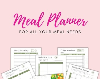 May include: A printable meal planner set with five pages. The pages include a pantry inventory, fridge inventory, daily meal planner, daily meal prep, and weekly meal planner. The pages are white with green and black text. The cover page features a colorful illustration of a plate of pasta and a salad.