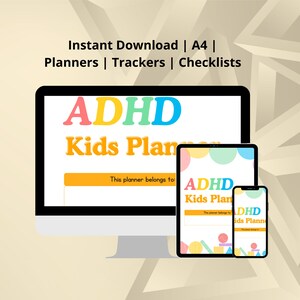 May include: A digital illustration of a printable planner for kids with ADHD. The planner is designed to help kids stay organized and on track. The planner is available in three sizes: desktop, tablet, and phone. The planner features a colorful design with a rainbow color scheme. The text on the planner says "ADHD Kids Planner".