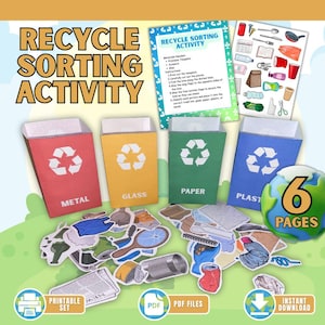 May include: A printable recycling sorting activity for kids. The set includes four colorful bins labeled "metal", "glass", "paper", and "plastic". There are 6 pages of printable items to sort into the bins.