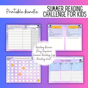 May include: Printable summer reading challenge for kids with a galaxy theme. Includes a reading log, story sequence chart, and a reading chart with stars and suns to color in.