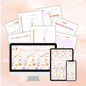 May include: A digital student planner featuring a floral pattern in shades of orange, pink, and purple. The planner is shown on a computer screen, tablet, and phone.